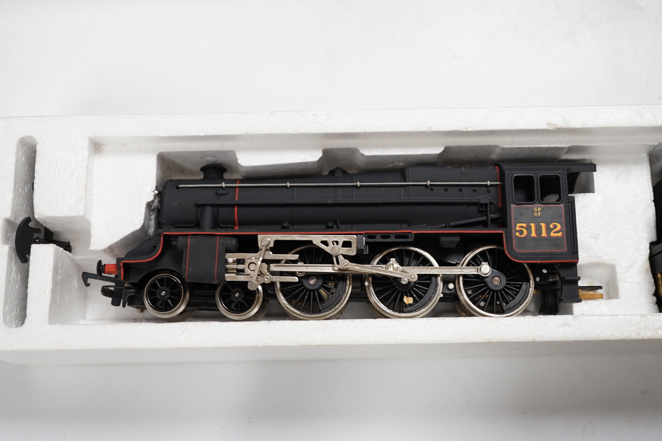 Five boxed Hornby Railways 00 gauge locomotives including; an LMS Black Five (R840), an LMS Class Five (R842), a BR Class 9F (R065), an LNER Class A3 (R 855), and a BR Class 3F (R058)